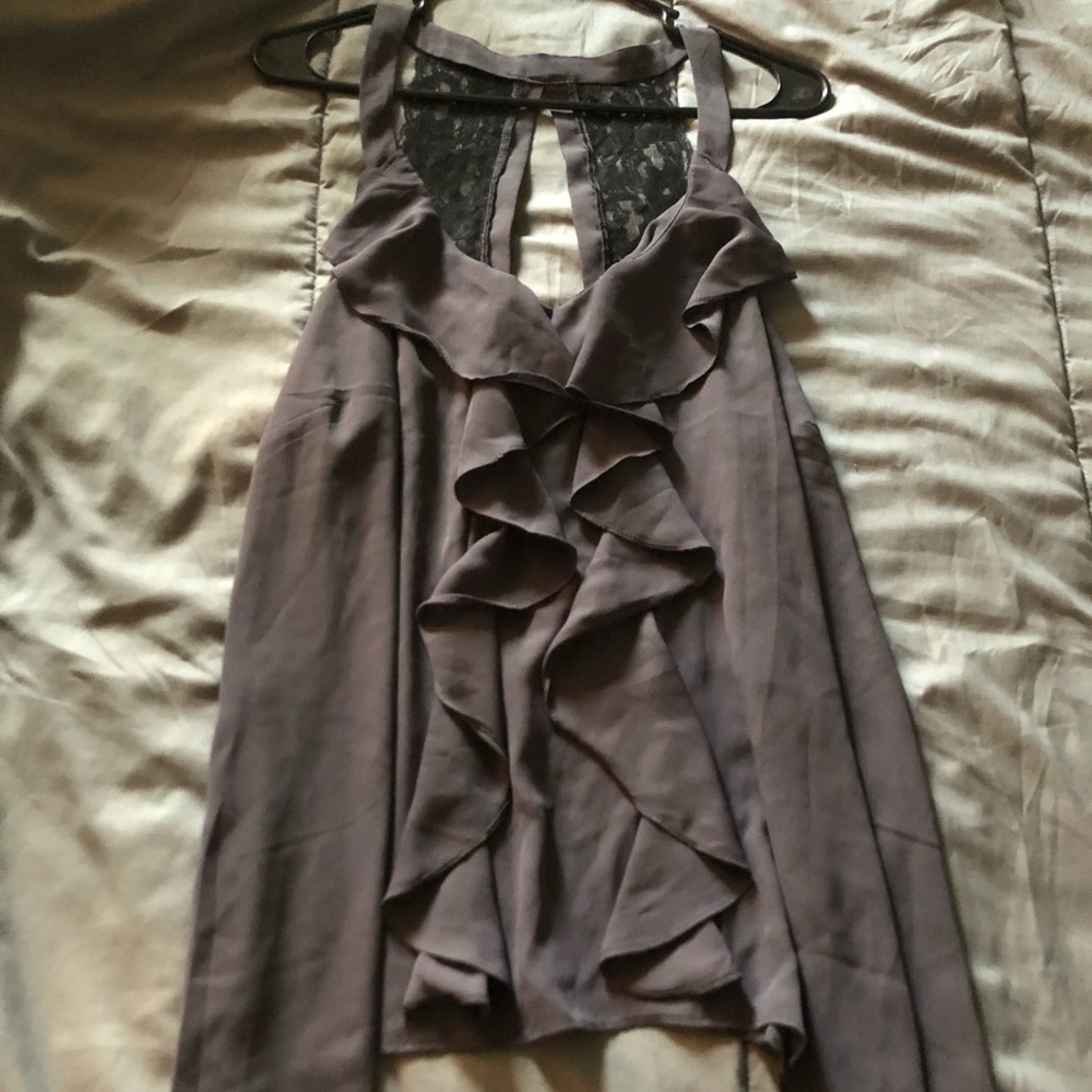 Dark gray flowy top with lace back plus size
